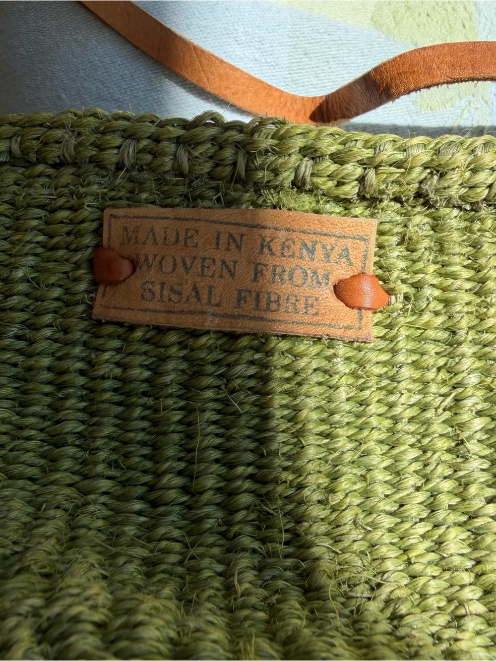 Handwoven Sisal Tote Bag in Olive Green with Leather Strap